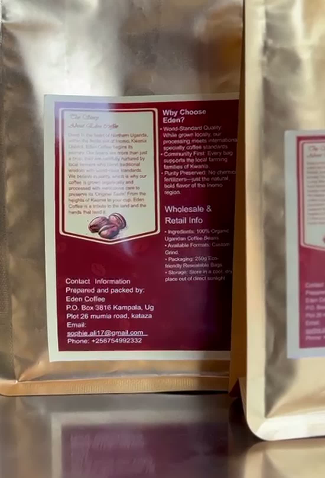 The back label of an Eden Coffee bag describing the story and specifications