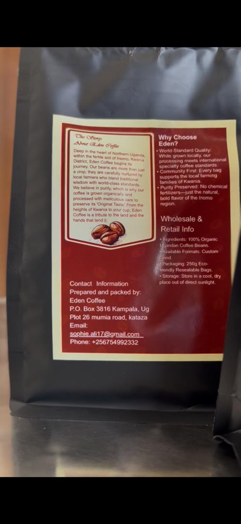The back label of an Eden Coffee bag describing the story and specifications