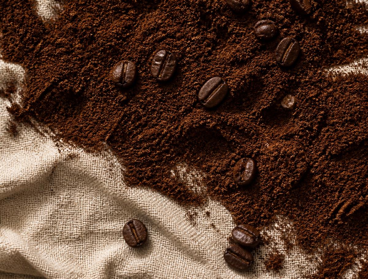 Freshly roasted ground Eden Coffee on linen cloth