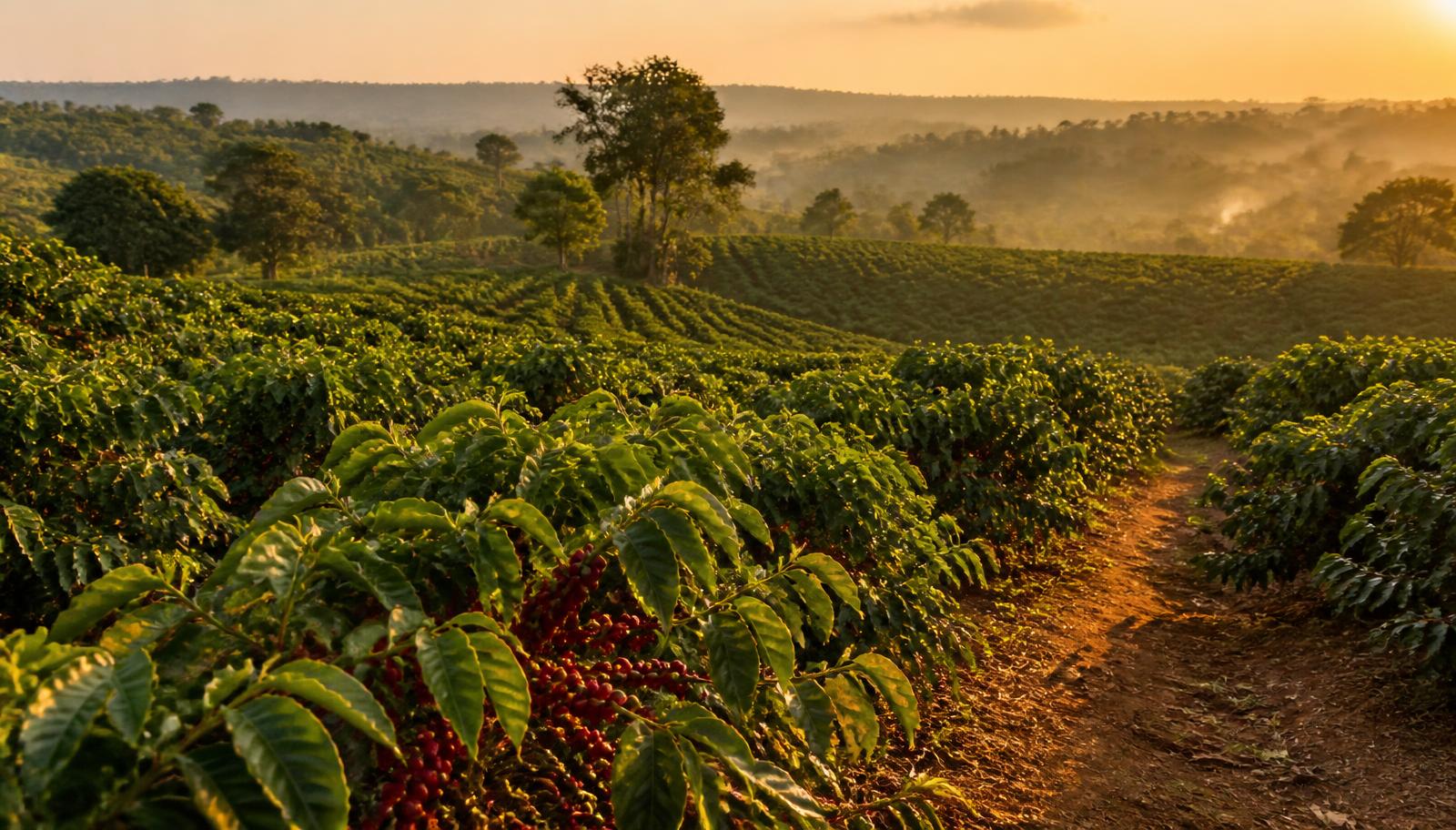 Coffee fields on the hills of Kwania District at golden hour