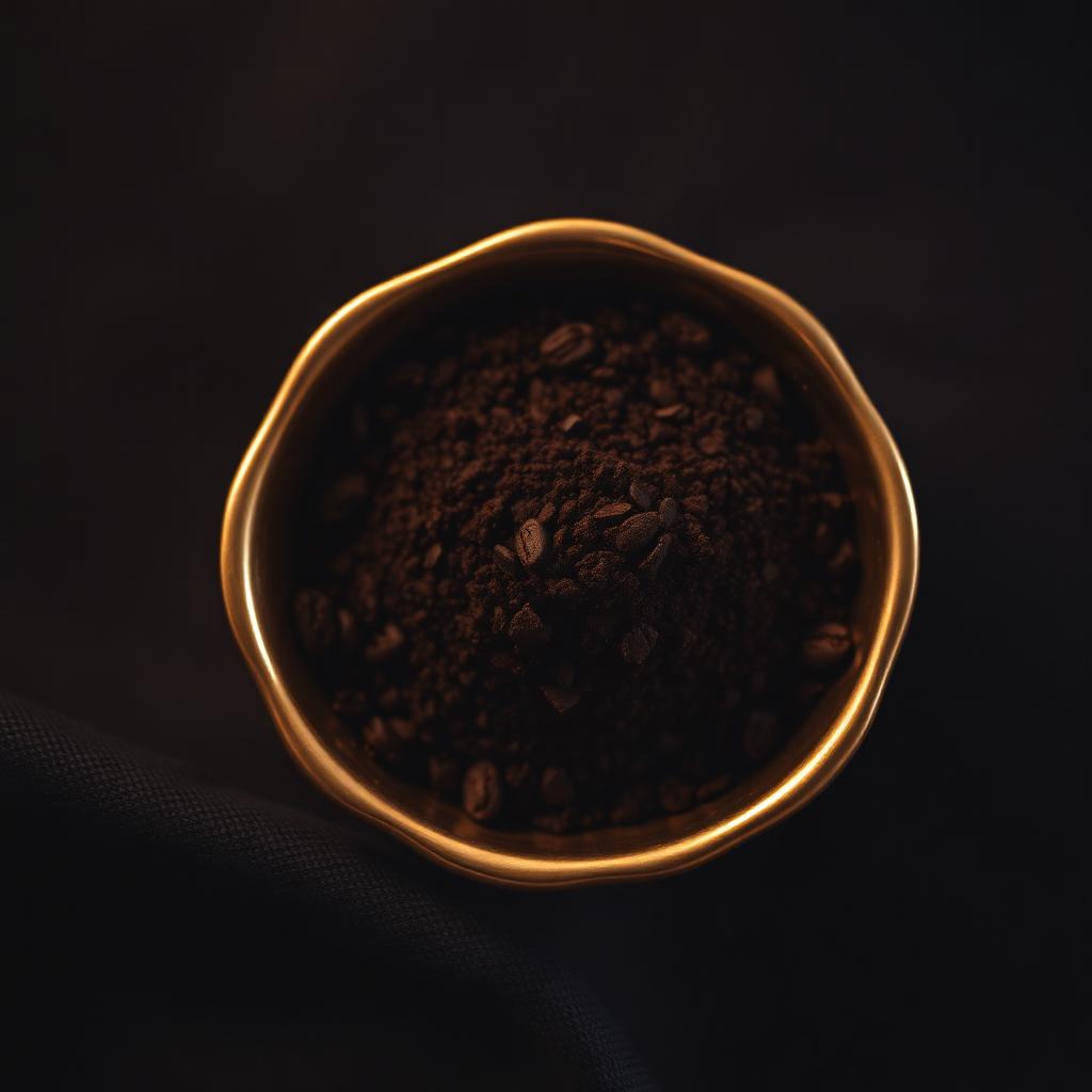 Dark roast Eden Coffee grounds in a gold-rimmed dish