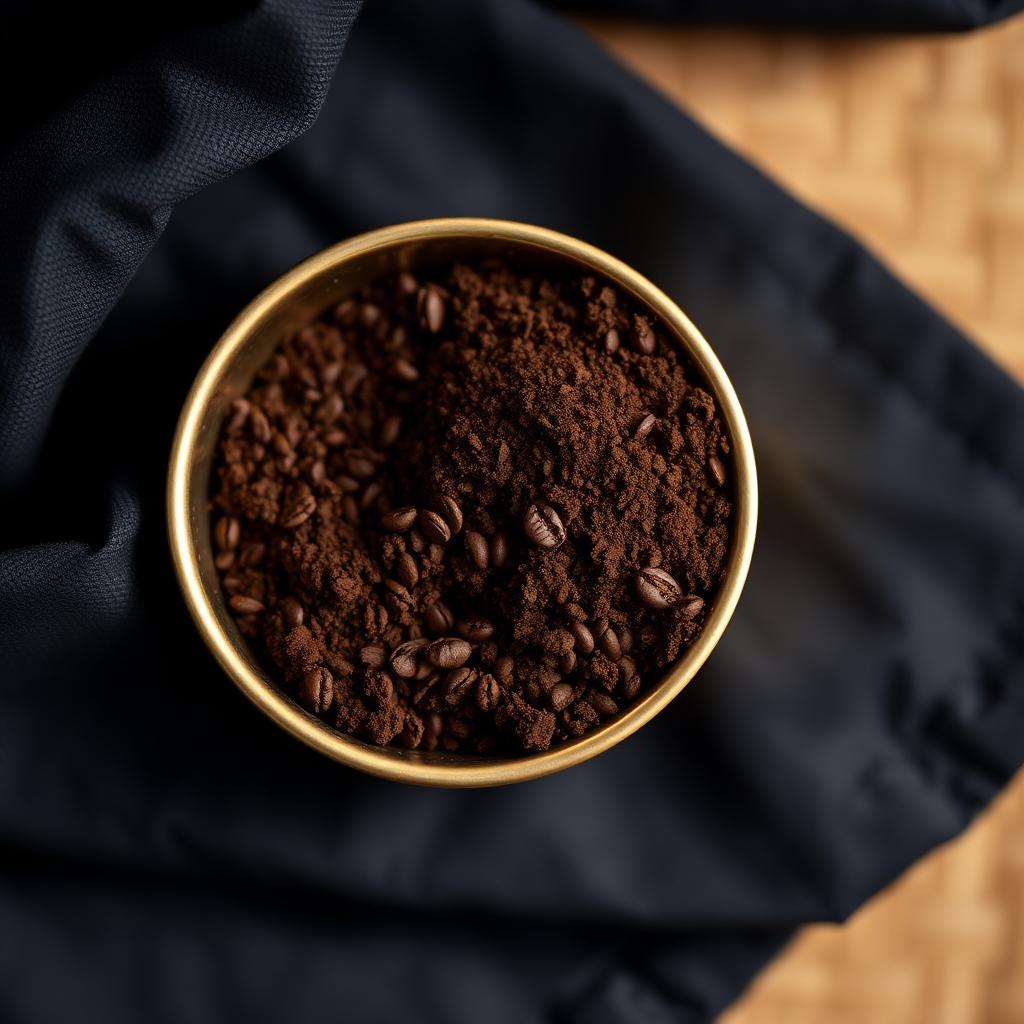 Medium dark roast Eden Coffee grounds in a gold-rimmed dish